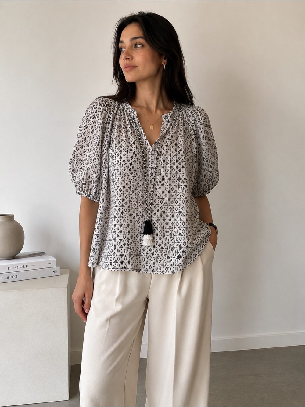 a new day Black & Ivory Printed Puff-Sleeve Peasant Blouse
